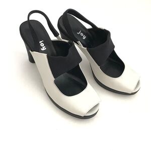 JOY CHEN Slingback Heels Peep Toe Leather Shoes Black White Women’s Size 9